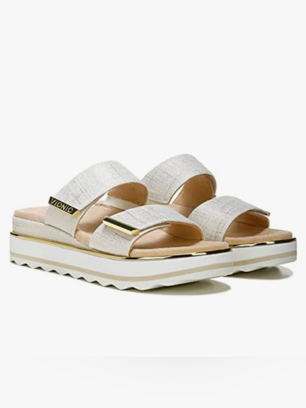 Vionic Brandie Slip On Wedge Slides Platform Sandals Beige Gold Shoes Size 11 M